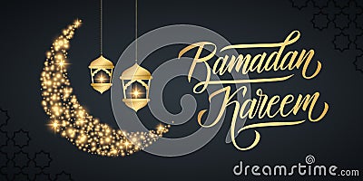 Ramadan holiday banner with handwritten inscription Ramadan Kareem, gold sparks crescent moon and golden colored arabic lanterns. Vector Illustration