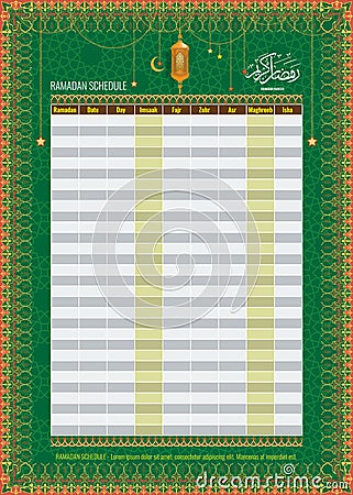 Ramadan Imsakia or Amsakah Calendar Schedule - Fasting and Prayer time Guide Vector Illustration