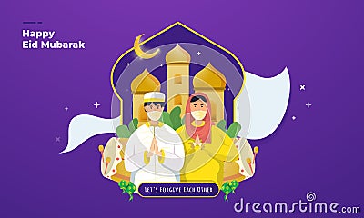 Muslim couple for happy eid mubarak greetings Vector Illustration