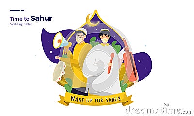 Wake-up caller for Sahur Ramadan Vector Illustration