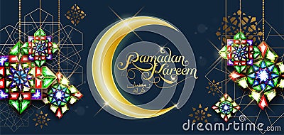 Ramadan Kareem. Abstract girih flower encrusted with color crystals. Vector illustration. Islamic jewelry ornament Vector Illustration