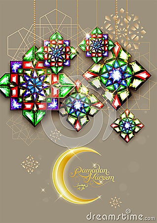 Ramadan Kareem. Abstract girih flower encrusted with color crystals. Vector illustration. Islamic jewelry ornament Vector Illustration