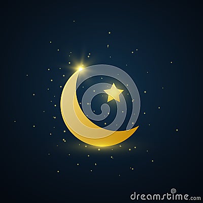 Ramadan Kareem arabic banner. Eid Mubarak greeting card. Golden crescent and star symbol on dark background. Luxury gold design Vector Illustration