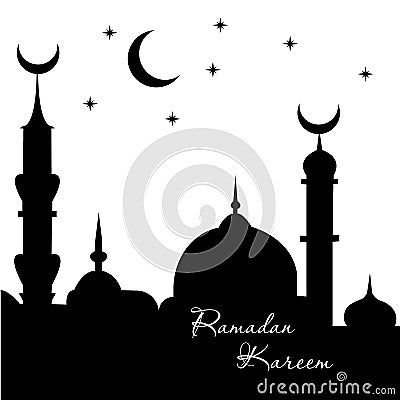 Ramadan Kareem arabic calligraphy greeting design islamic line mosque dome with classic pattern and lantern - Vector Cartoon Illustration