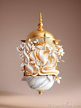 Ramadan Kareem arabic calligraphy manuscript in the form of 3D Gold Arabesque Lantern. Cartoon Illustration