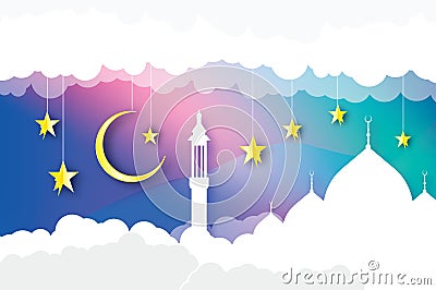 Ramadan Kareem. Arabic white Mosque. Sky with clouds, gold stars in paper cut style. Crescent Moon. Origami Greeting Vector Illustration