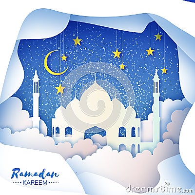 Ramadan Kareem. Arabic White Origami Mosque. Paper cut Desert Cave Landscape. Clouds. Gold stars. Night sky. Holy month Vector Illustration