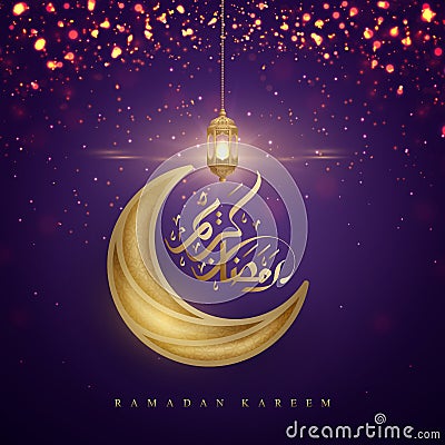 Ramadan kareem background with Arabic Calligraphy, golden lanterns, and moon. Greeting card background with a glowing hanging Vector Illustration