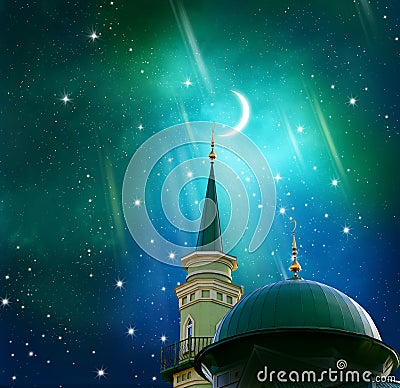 Ramadan Kareem background.Crescent moon at a top of a mosque.Islamic greeting Eid Mubarak cards for Muslim Stock Photo