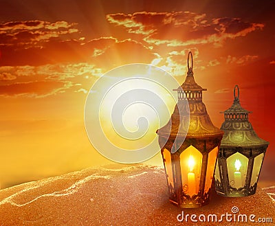 Ramadan Kareem background.Eid Mubarak, greeting background with Ñolorful lanterns Stock Photo