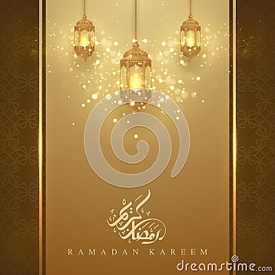 Ramadan kareem background with glowing hanging lantern and arabic calligraphy. Greeting card background with 3D style Vector Illustration