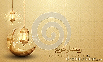 Ramadan kareem background with glowing hanging lantern and crescent moon. Greeting card background with 3D style Vector Illustration