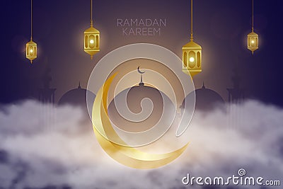 Ramadan kareem background with golden crescent in clouds, lantern Fanus and Mosque. Muslim feast of the holy month. Vector Illustration