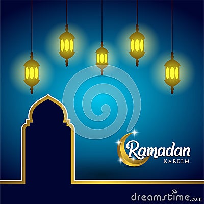 Ramadan kareem background, illustration with arabic lanterns, mosque dome and golden ornate crescent, on blue background. EPS 10 c Vector Illustration