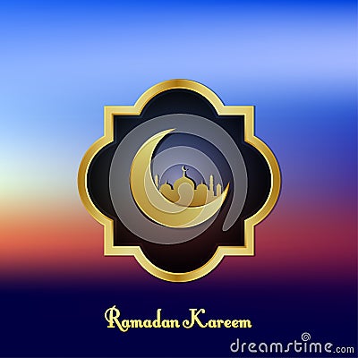 Ramadan kareem background image. color view blurry sky clean with golden frame, moon and mosque Vector Illustration