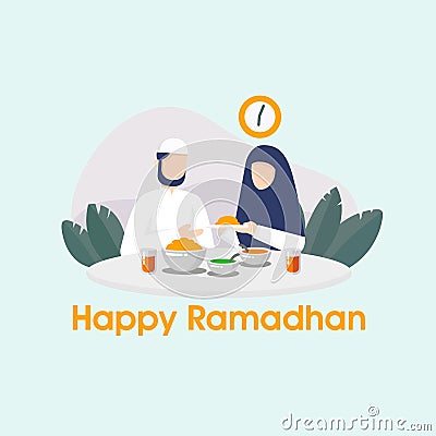 Ramadan Kareem Background With Moslem Couple Share their Iftar Cartoon Illustration