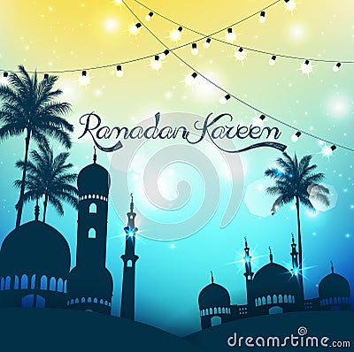 Ramadan Kareem background with mosque and palm tree Vector Illustration