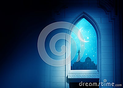 Ramadan Kareem background. .Mosque window with shiny crescent mo Stock Photo