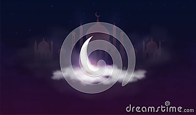 Ramadan Kareem background. Muslim feast of the holy month. Beautiful crescent and mosque silhouette in clouds with stars Vector Illustration