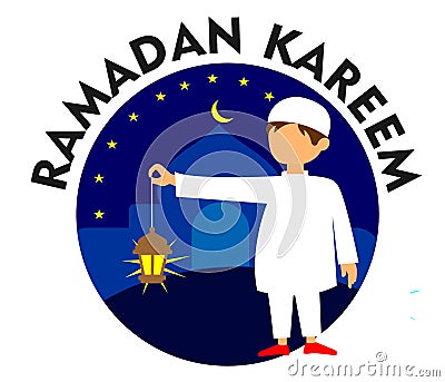 Ramadan kareem background with young muslim holding a lantern Vector Illustration