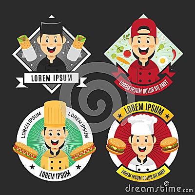 Chef with junkfood mascot badge set collection Vector Illustration