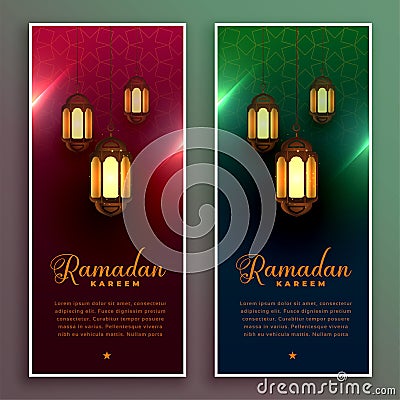 Ramadan kareem banner design with realistic lamps Vector Illustration