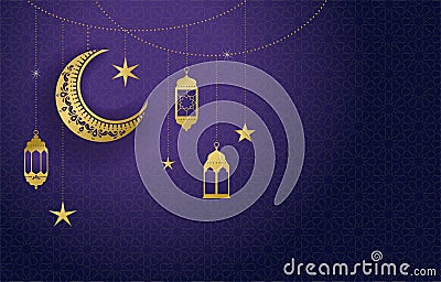 Ramadan kareem banner, greeting card . Islamic lantern and moon background. Vector illustration Vector Illustration