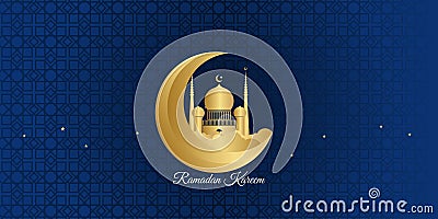 Ramadan kareem banner greeting card template design. Vector illustration in blue gold gradient background with moon, cloud, star, Cartoon Illustration