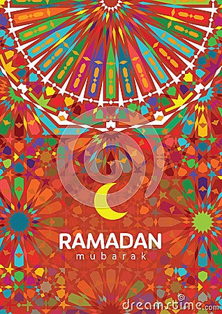 Ramadan Kareem beautiful greeting card. Background with crescent moon and traditional morocco pattern Vector Illustration