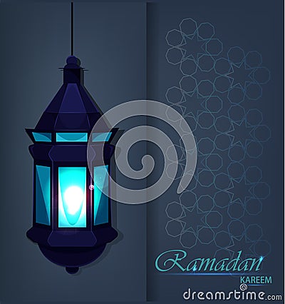 Ramadan Kareem beautiful greeting card with traditional Arabic lantern on blue background. Vector Illustration