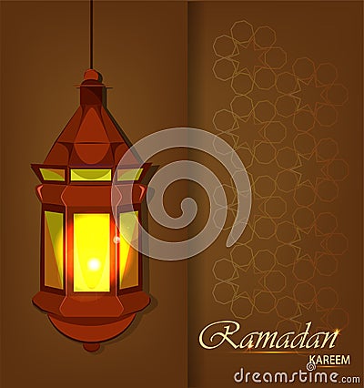Ramadan Kareem beautiful greeting card with traditional Arabic lantern on brown background. Vector Illustration