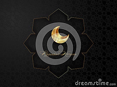 Ramadan Kareem of black luxury poster or invitation design with gold mandala islamic ornaments symbols, 3D golden crescent moon Vector Illustration