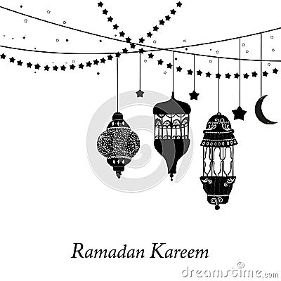 Ramadan Kareem black and white elegant lamps, crescent and stars Vector Illustration