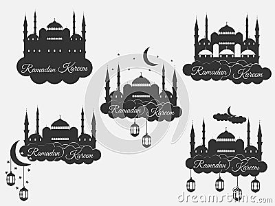 Ramadan Kareem, blue mosque, minaret, lantern and moon, muslim holiday lights. Set isolation banners, logos. Vector Vector Illustration