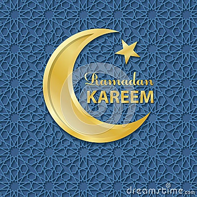 Ramadan Kareem.Blue pattern background,Gold Moon Vector Illustration