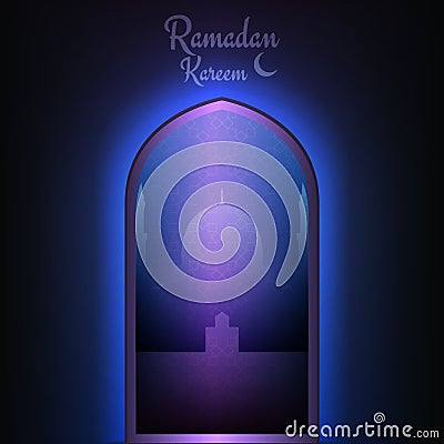 Ramadan Kareem card. Islamic mosque with sacred lights Vector Illustration