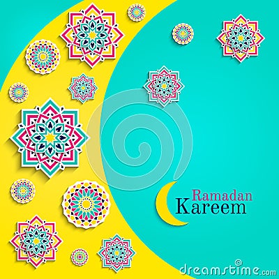 Ramadan Kareem card with moon. Islamic greeting card. Arabic holidays design. Round elements,flowers. Floral pattern with t Stock Photo