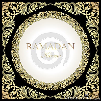 Ramadan Kareem card. Vintage banner for Ramadan wishing. Arabic decoration, oriental motifss. Gold ornaments in Eastern style. Cartoon Illustration