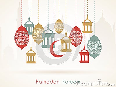 Ramadan Kareem celebration with hanging Arabic lanterns.. Stock Photo