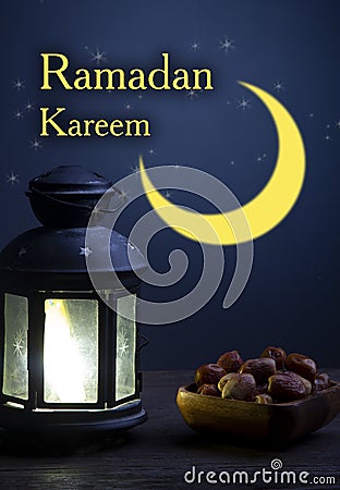 Ramadan Kareem celebration with lanterns and Dried date palm fruits ramazan food Stock Photo
