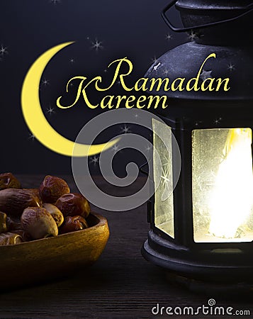 Ramadan Kareem celebration with lanterns and Dried date palm fruits ramazan food Stock Photo