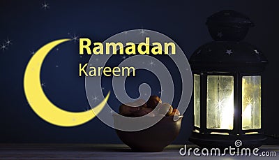 Ramadan Kareem celebration with lanterns and Dried date palm fruits ramazan food Stock Photo