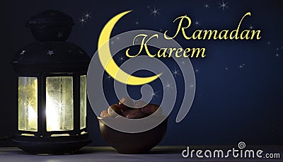 Ramadan Kareem celebration with lanterns and Dried date palm fruits ramazan food Stock Photo