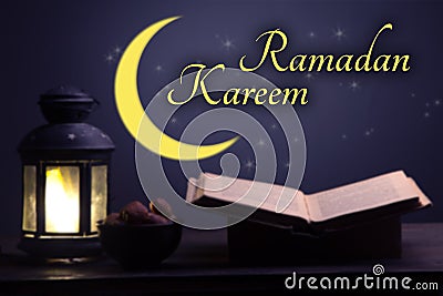 Ramadan Kareem celebration with lanterns and Dried date palm fruits ramazan food Stock Photo