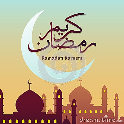 Ramadan Kareem Classic Arabic Calligraphy with Crescent moon and mosque silhouette background Vector Illustration