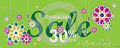 Ramadan Kareem concept horizontal banner with islamic geometric patterns.Arabesque flowers, traditional lanterns, crescent and Vector Illustration