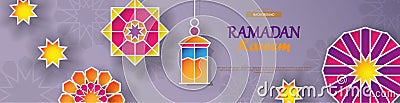 Ramadan Kareem concept horizontal banner with islamic geometric patterns. Paper cut flowers, traditional lanterns, moon Vector Illustration