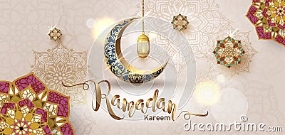 Ramadan Kareem with crescent moon gold luxurious crescent,template islamic ornate element for greeting card Stock Photo