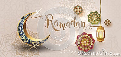 Ramadan Kareem with crescent moon gold luxurious crescent,template islamic ornate element for greeting card Stock Photo