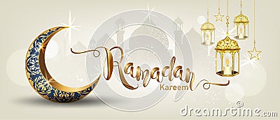Ramadan Kareem with crescent moon gold luxurious crescent,template islamic ornate element for greeting card Vector Illustration